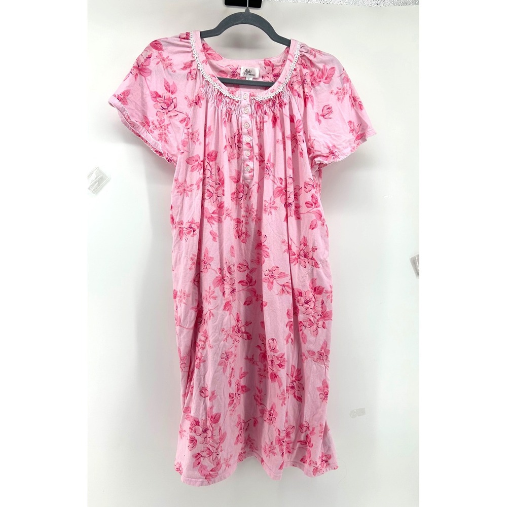 Aria Collection Pink Floral Nightgown Short Sleeve Lace Trim Pockets Large